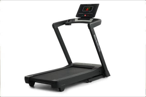 Black NordicTrack EXP 7i treadmill with digital console display and cushioned running deck on white background