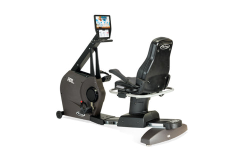 Black recumbent exercise bike with padded seat, digital display console, and foot pedals on white background