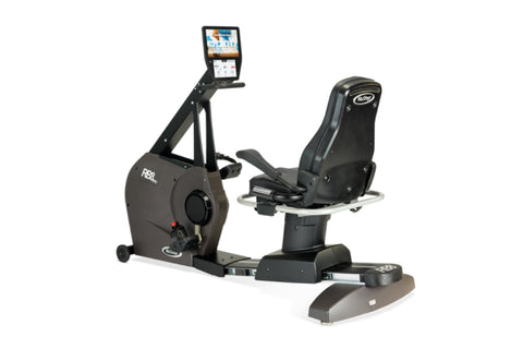 Black NuStep RB8PRO recumbent exercise bike with padded gray seat, digital display console, and rolling base on white backgro