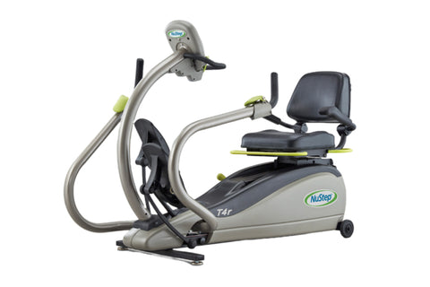 NuStep T4r recumbent elliptical stepper with gray and black frame, padded seat and backrest, foot pedals, and handlebars on w