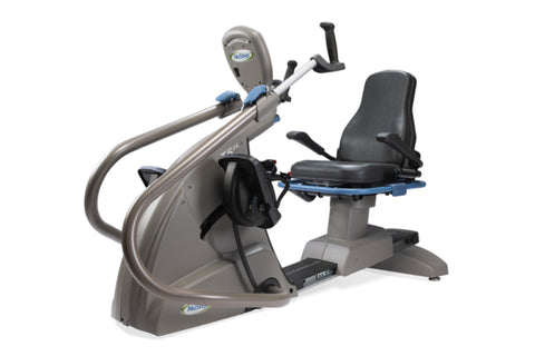 NuStep T5XR recumbent elliptical stepper with gray frame, blue accents, black padded seat, and digital console on white backg