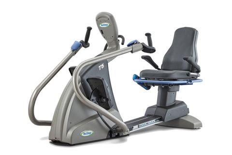 NuStep T5 recumbent elliptical stepper with gray frame, blue accents, padded seat, and dual handles on white background