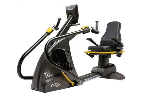 Black and yellow recumbent elliptical stepper with padded seat, handlebar controls, and footrest on white background