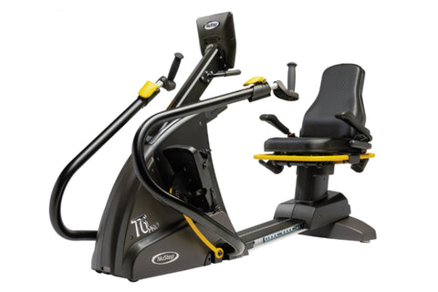 Black and yellow NuStep T6PRO recumbent elliptical stepper with padded seat, handlebars, and digital display on white backgro