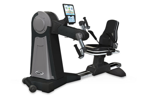 NuStep UE8MAX upper body ergometer with black and gray frame, padded black seat, dual handles, and tablet holder displaying w