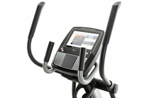 ProForm Carbon E10 elliptical trainer with black pedals, silver frame, digital console, and curved handlebar grips on white b
