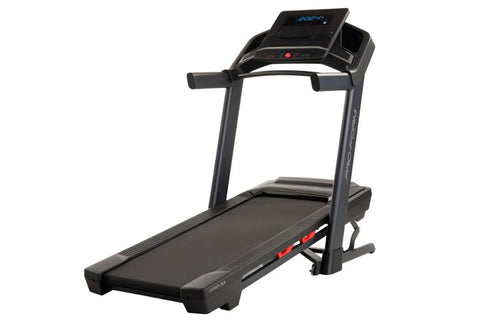 Black folding treadmill with digital display console, handrails, and red accent details on white background