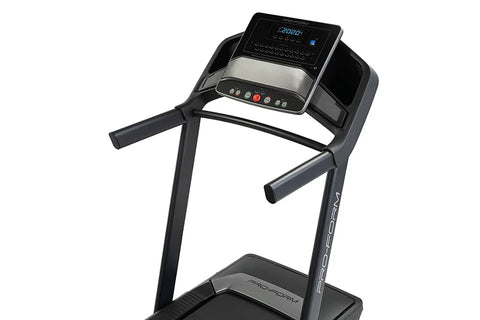 Black ProForm Carbon TL treadmill with digital console display and two-post frame on white background
