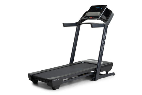 Black ProForm Carbon TL treadmill with digital console display and two-post frame on white background