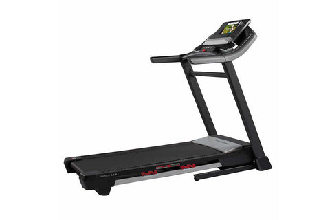 Black folding treadmill with digital display console, gray accents, and red foot pedals on white background