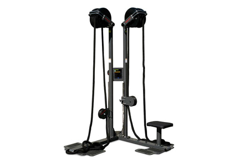 Ropeflex RX2500-D dual station rope trainer with black metal frame, two rope handles, digital display, and adjustable seat on