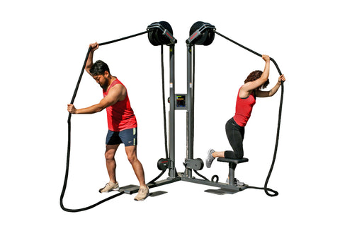 Ropeflex RX2500-D dual station rope trainer with black metal frame, two rope handles, digital display, and adjustable seat on