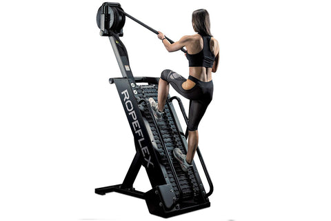 Black Ropeflex RX4400 endless climb rope trainer with adjustable resistance, shown with model demonstrating climbing motion