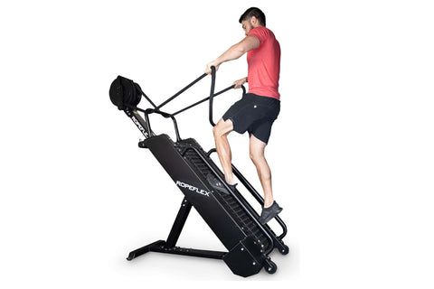 Black Ropeflex RX4400 endless climb rope trainer with adjustable resistance, shown with model demonstrating climbing motion