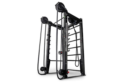 Black cable crossover rope training machine with dual pulleys, adjustable height settings, and ladder-style frame on white ba