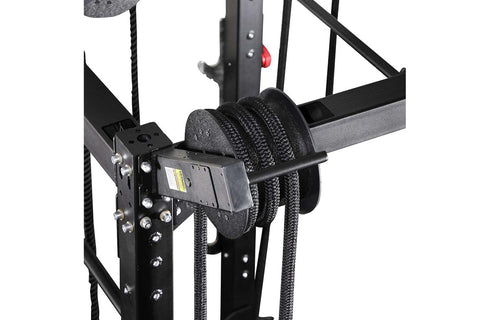 Ropeflex RXPRO2 rope trainer attachment with black braided nylon rope coiled on metal frame, mounted on white background