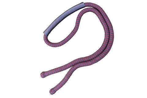 Purple and pink braided jump rope with gray padded handles on white background