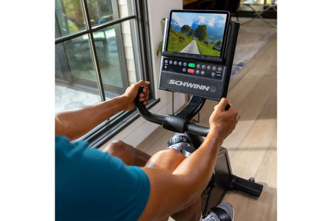 Black Schwinn 290 recumbent exercise bike with digital console, mesh backrest, and water bottle holder on white background