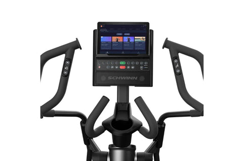 Schwinn 490 elliptical machine with black frame, dual foot pedals, moving arms, and digital console display on white backgrou