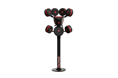 Black and red boxing training tower with four upper and two lower weighted bags on adjustable arms, standing base with brandi