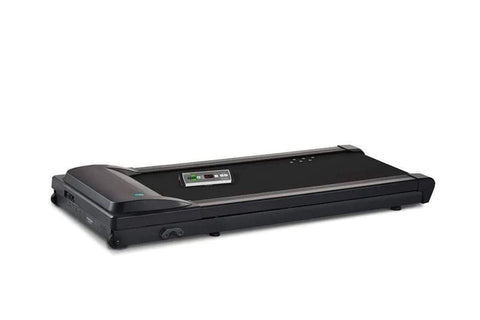 Black under-desk treadmill with digital display panel and control buttons, shown on white background