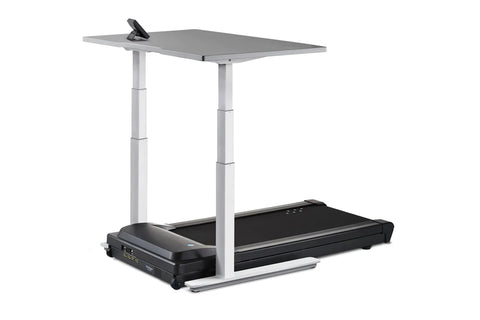 LifeSpan TR1000-Omni desk treadmill with black running belt, gray desk surface, and white adjustable metal frame on white bac