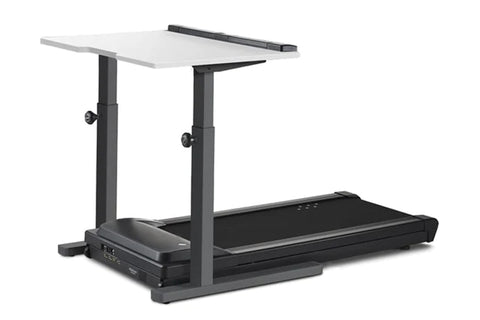 Black treadmill desk with adjustable gray metal frame and dual black work surfaces, on white background
