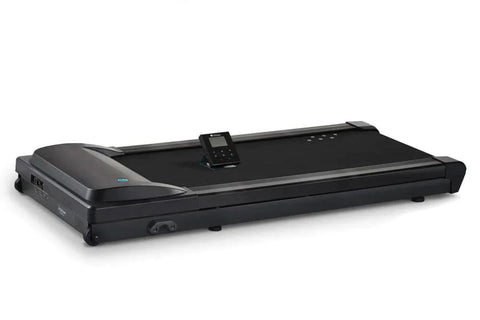 Black under-desk treadmill with curved motor housing, black running belt, digital control panel, and wheels for portability o