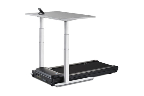 LifeSpan TR5000-Omni Desk Treadmill with black running belt, gray desktop surface, and adjustable white metal frame on white 
