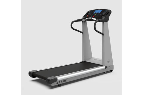 True Z5.0 treadmill with black belt and gray frame, blue digital console display, and black handles on white background