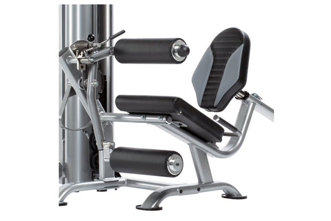 TuffStuff Apollo leg extension and curl station with silver steel frame, black padded seat and backrest, dual leg extension a