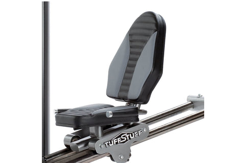 TuffStuff Apollo leg press machine with silver frame, black padded seat and backrest, and vertical weight stack on white back