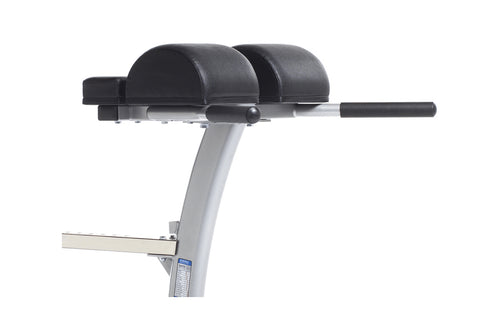 TuffStuff Evolution Glute/Ham Bench with gray metal frame, black padded seat and backrest, dumbbell rack on left side, and bl