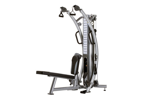 Man using gray and black functional trainer with dual cable systems and weight stack, seated position