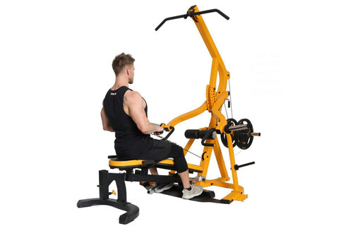 Yellow and black multi-function home gym machine with lever arms, padded seat, and foot platform on white background