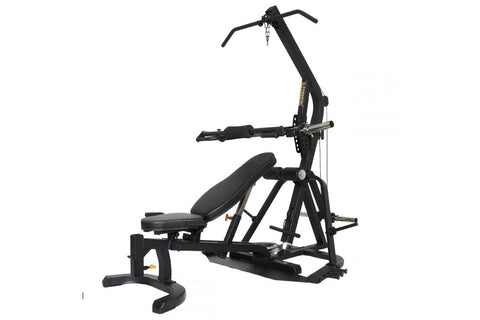 Man using black Powertec Levergym home gym machine with weighted plate on white background