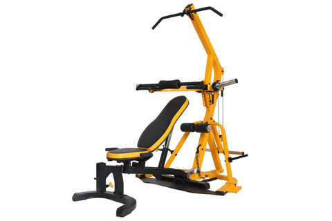 Yellow and black multi-function home gym machine with lever arms, padded seat, and foot platform on white background