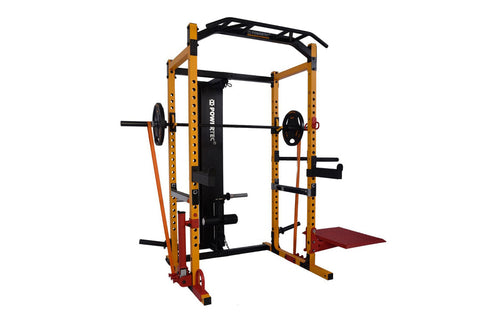 Black power rack with model performing barbell squat with weighted plates on white background
