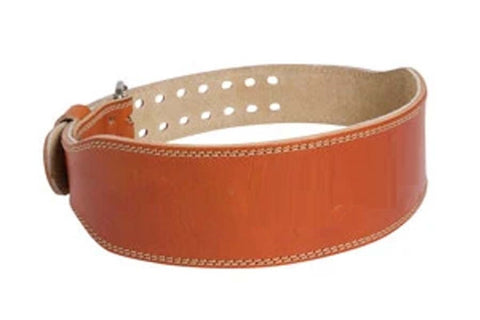 Tan leather weightlifting belt with cognac brown stitching, perforated adjustment holes, and metal buckle closure on white ba