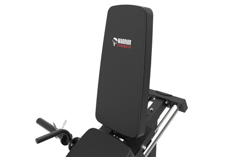 Black leg press machine with padded seat and backrest, chrome frame, and foot platform, shown on white background