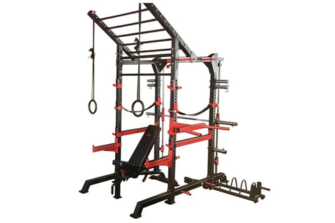 Black and red home gym cage rig with pull-up bars, weight bench, and multiple attachment points on white background