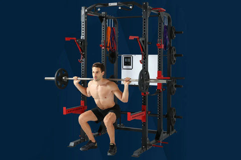 Black and red home gym cage rig with pull-up bars, weight bench, and multiple attachment points on white background