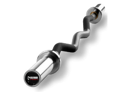 Warrior Chrome Olympic Curl Barbell with polished silver steel bar, wavy black grip sections, and rotating chrome sleeves on 