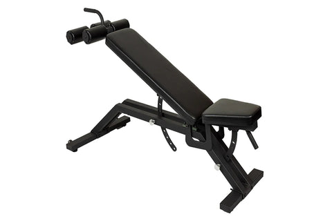 Black adjustable weight bench with leg extension attachment and padded backrest on white background
