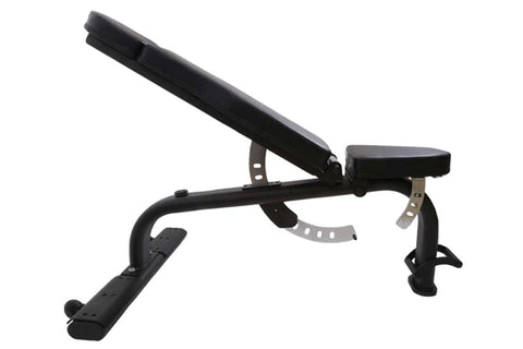 Black adjustable weight bench with leg extension attachment and padded backrest on white background
