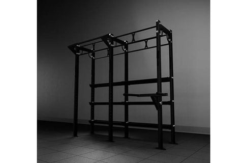 Black steel functional training rig with pull-up bar, storage shelves displaying yellow and black medicine balls and weighted