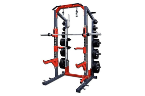Red and gray power rack with barbell holders, weight plate pegs, and chin-up bar on white background