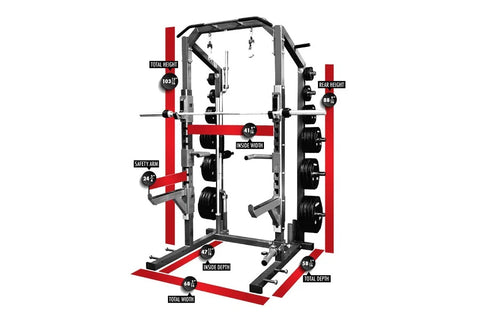 Red and gray power rack with barbell holders, weight plate pegs, and chin-up bar on white background