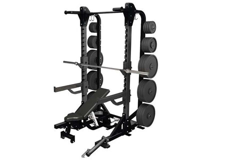 Black multi-function squat rack with adjustable bench, barbell holders, and dumbbell storage pegs on white background