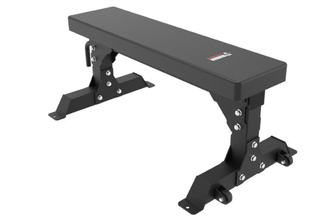Black flat weight bench with padded seat, adjustable metal frame, and wheels on base, displayed on white background